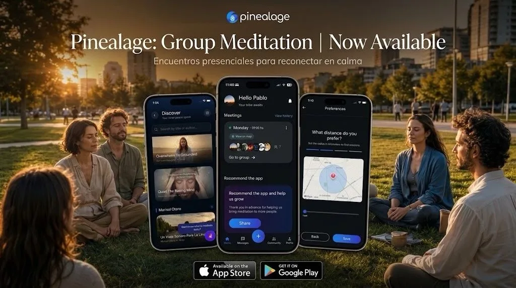 Pantallas de la app Pinealage: descubrir meditaciones, próximo encuentro del grupo y radio de búsqueda en el mapa